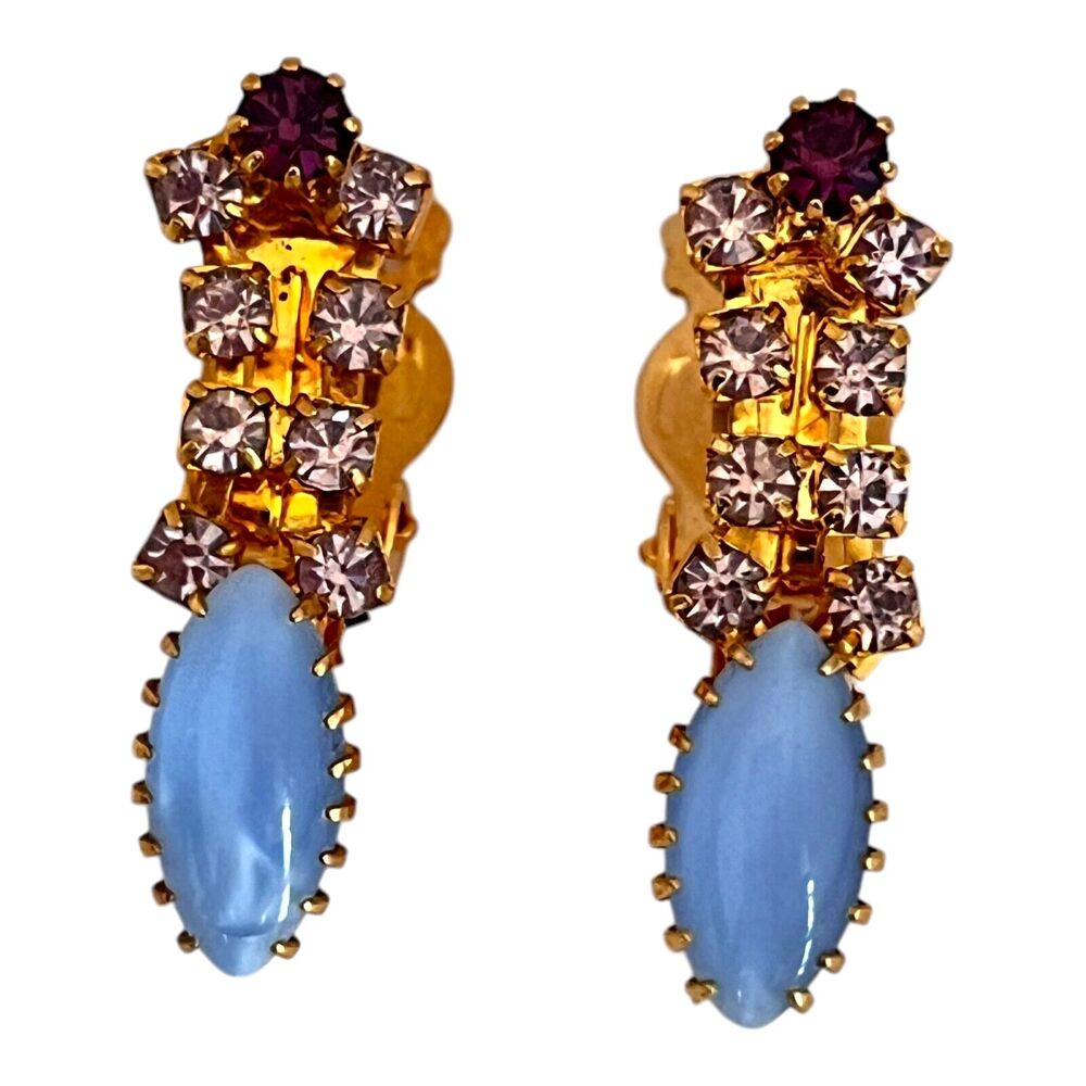 Vintage 1960s Navette Rhinestone Earrings Blue Purple Crystal Gold Tone - 8O